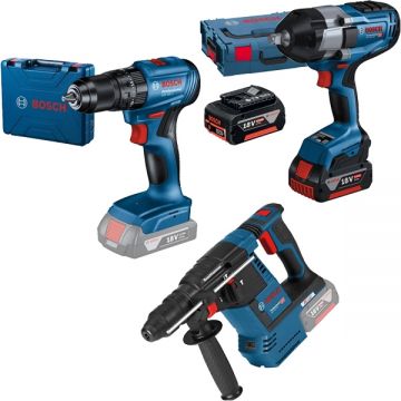 Bosch  GBH 18V-26 + GSB 185-LI + GDS 18V-1000 - Rotopercutor SDS-Plus 2.6 J + Masina de gaurit si insurubat cu percutie 50 Nm valiza plastic + Masina de insurubat cu impact patrat 1/2 inch 1000 Nm M14-M24 valiza speciala + Set 2 acumulatori si incarcator