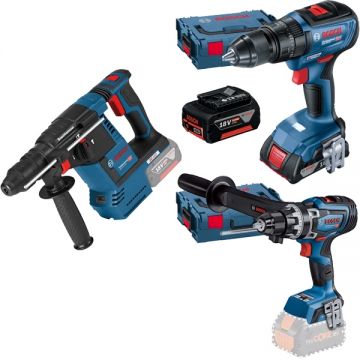 Bosch  GBH 18V-26 + GSR 18V-150 C + GSB 18V-50 - Rotopercutor SDS-Plus 2.6 J + Masina de gaurit si insurubat 150 Nm valiza speciala + Masina de gaurit si insurubat cu percutie 50 Nm valiza speciala + Set 2 acumulatori si incarcator Li-Ion 18 V 5 Ah