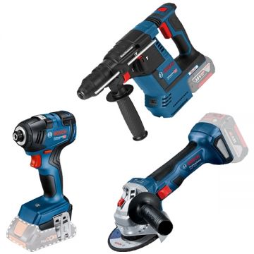 Bosch  GBH 18V-26 + GWS 180-LI + GDR 18V-200 - Rotopercutor SDS-Plus 2.6 J + Polizor unghiular 125 mm + Masina de insurubat cu impact 200 Nm M6-M16