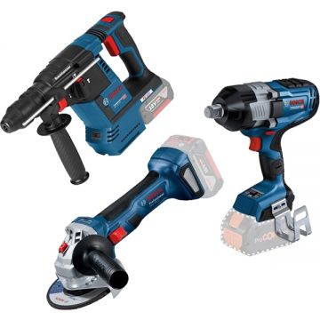 Bosch  GBH 18V-26 + GWS 180-LI + GDS 18V-1600 HC - Rotopercutor SDS-Plus 2.6 J + Polizor unghiular 125 mm + Masina de insurubat cu impact patrat 3/4 inch 2200 Nm