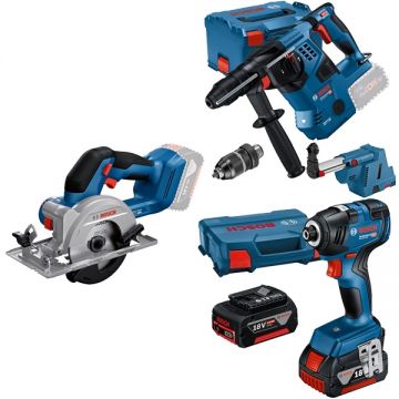 Bosch  GBH 18V-28 CF + GDR 18V-200 + GKS 18V-51 - Rotopercutor SDS-Plus 3.3 J valiza speciala accesorii + Masina de insurubat cu impact 200 Nm M6-M16 valiza speciala + Fierastrau circular 140x20 mm + Set 2 acumulatori si incarcator Li-Ion 18 V 4 Ah