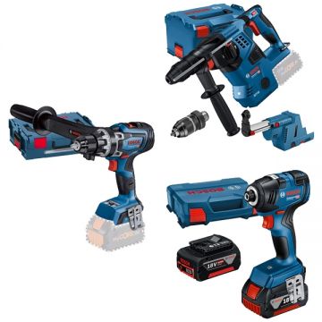 Bosch  GBH 18V-28 CF + GDR 18V-200 + GSR 18V-150 C - Rotopercutor SDS-Plus 3.3 J valiza speciala accesorii + Masina de insurubat cu impact 200 Nm M6-M16 valiza speciala + Masina de gaurit si insurubat 150 Nm valiza speciala + Set 2 acumulatori si incarca