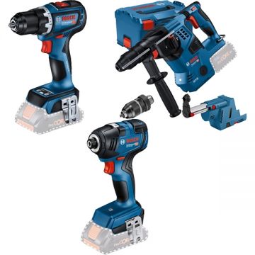Bosch  GBH 18V-28 CF + GDR 18V-200 + GSR 18V-90 C - Rotopercutor SDS-Plus 3.3 J valiza speciala accesorii + Masina de insurubat cu impact 200 Nm M6-M16 + Masina de gaurit si insurubat 64 Nm