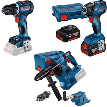 Bosch  GBH 18V-28 CF + GDR 18V-200 + GSR 18V-90 C - Rotopercutor SDS-Plus 3.3 J valiza speciala accesorii + Masina de insurubat cu impact 200 Nm M6-M16 valiza speciala + Masina de gaurit si insurubat 64 Nm + Set 2 acumulatori si incarcator Li-Ion 18 V 4