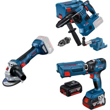 Bosch  GBH 18V-28 CF + GDR 18V-200 + GWS 180-LI - Rotopercutor SDS-Plus 3.3 J valiza speciala accesorii + Masina de insurubat cu impact 200 Nm M6-M16 valiza speciala + Polizor unghiular 125 mm + Set 2 acumulatori si incarcator Li-Ion 18 V 4 Ah