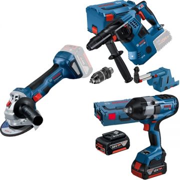 Bosch  GBH 18V-28 CF + GDS 18V-1000 + GWS 180-LI - Rotopercutor SDS-Plus 3.3 J valiza speciala accesorii + Masina de insurubat cu impact patrat 1/2 inch 1000 Nm M14-M24 valiza speciala + Polizor unghiular 125 mm + Set 2 acumulatori si incarcator Li-Ion 1