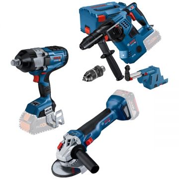 Bosch  GBH 18V-28 CF + GDS 18V-1600 HC + GWS 18V-10 - Rotopercutor SDS-Plus 3.3 J valiza speciala accesorii + Masina de insurubat cu impact patrat 3/4 inch 2200 Nm + Polizor unghiular 125 mm