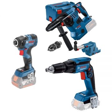 Bosch  GBH 18V-28 CF + GTB 185-LI + GDR 18V-200 C - Rotopercutor SDS-Plus 3.3 J valiza speciala accesorii + Masina de insurubat 25 Nm + Masina de insurubat cu impact 200 Nm M4-M12