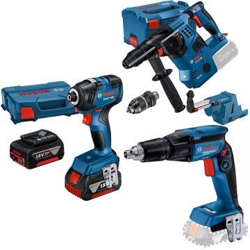 Bosch  GBH 18V-28 CF + GTB 185-LI + GDR 18V-200 - Rotopercutor SDS-Plus 3.3 J valiza speciala accesorii + Masina de insurubat 25 Nm + Masina de insurubat cu impact 200 Nm M6-M16 valiza speciala + Set 2 acumulatori si incarcator Li-Ion 18 V 4 Ah