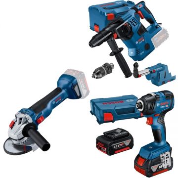 Bosch  GBH 18V-28 CF + GWS 18V-10 + GDR 18V-200 - Rotopercutor SDS-Plus 3.3 J valiza speciala accesorii + Polizor unghiular 125 mm + Masina de insurubat cu impact 200 Nm M6-M16 valiza speciala + Set 2 acumulatori si incarcator Li-Ion 18 V 4 Ah