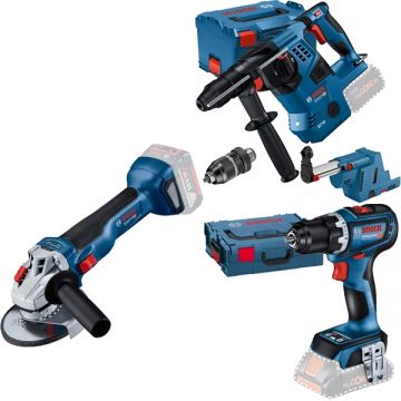 Bosch  GBH 18V-28 CF + GWS 18V-10 + GSR 18V-90 C - Rotopercutor SDS-Plus 3.3 J valiza speciala accesorii + Polizor unghiular 125 mm + Masina de gaurit si insurubat 64 Nm valiza speciala
