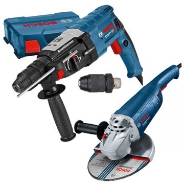 Bosch  GBH 2-28 F + GWS 2200 - Rotopercutor SDS-Plus 880 W 3.2 J mandrina interschimbabila valiza plastic + Polizor unghiular cu fir 2200 W 230 mm