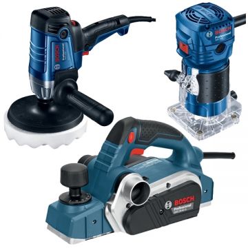 Bosch  GHO 26-82 D + GPO 950 + GKF 550 - Rindea electrica 710 W 82 mme + Masina de lustruit 950 W 180 mm + Masina de frezat 550 W 6 mm