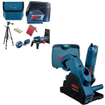 Bosch  GNF 35 CA  + GCL 2-50 C - Freza pentru caneluri beton 1400 W 150 mm valiza plastic + Nivela laser cu linii si puncte 2 linii laser 20 m 2 puncte laser 10 m +/-0.3 mm/m suport perete trepied geanta textila
