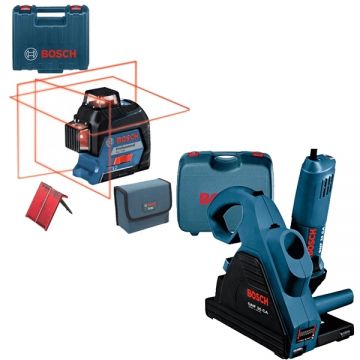 Bosch  GNF 35 CA  + GLL 3-80 - Freza pentru caneluri beton 1400 W 150 mm valiza plastic + Nivela laser cu linii 30 m +/-0.2 mm/m 3 linii laser fascicul rosu proiectie 360 grade valiza plastic