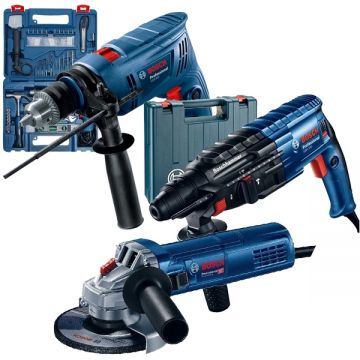 Bosch  GSB 600 + GWS 9-125 S + GBH 240 - Masina de gaurit cu percutie 600 W valiza plastic accesorii + Polizor unghiular cu fir 900 W 125 mm + Rotopercutor SDS-Plus 790 W 2.7 J valiza plastic