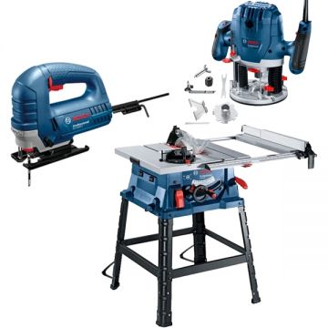 Bosch  GTS 254 + GOF 130 + GST 8000 E - Fierastrau circular de masa 1800 W 254 mm picioare sustinere cadru + Masina de frezat 1300 W 6 8 mm accesorii + Fierastrau pendular 710 W