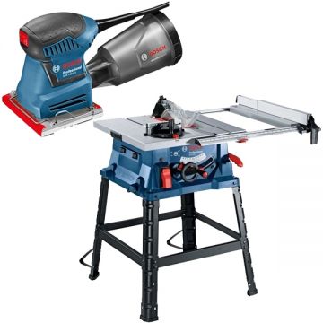 Bosch  GTS 254 + GSS 140-1 A - Fierastrau circular de masa 1800 W 254 mm picioare sustinere cadru + Slefuitor cu vibratii 180 W 113x101 mm