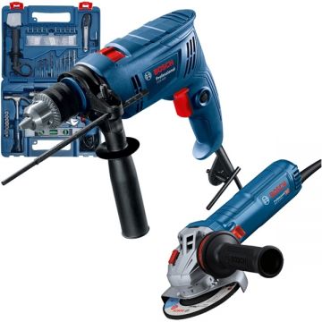 Bosch  GWS 12-125 S + GSB 600 - Polizor unghiular cu fir 1200 W 125 mm + Masina de gaurit cu percutie 600 W mandrina cu cheie 13 mm valiza plastic accesorii