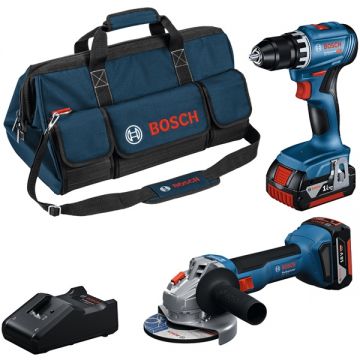 Bosch  GWS 18V-8 + GSR 18V-45 - Polizor unghiular 125 mm + Masina de gaurit si insurubat 45 Nm + Set 2 acumulatori si incarcator Li-Ion 18 V 4 Ah + Geanta textila