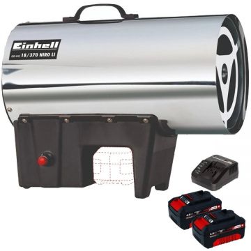 Einhell  GE-HG 18/370 Niro Li PXC + Twinpack + 4514095 - Tun de caldura 37 kW 1000 m3/h + Set 2 acumulatori si incarcator Li-Ion 18 V 4 Ah