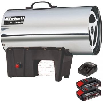 Einhell  GE-HG 18/370 Niro Li PXC + Twinpack CB + 4514095 - Tun de caldura 37 kW 1000 m3/h + Set 2 acumulatori si incarcator Li-Ion 18 V 2.5 Ah