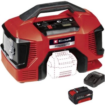 Einhell  Pressito 18/21 PXC + Starter Kit - Compresor aer 10.5 bar + Set 1 acumulator si incarcator Li-Ion 18 V 4 Ah