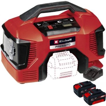 Einhell  Pressito 18/21 PXC + Twinpack + 4514095 - Compresor aer 10.5 bar + Set 2 acumulatori si incarcator Li-Ion 18 V 4 Ah