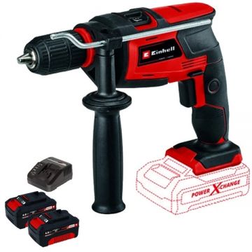 Einhell  TC-ID 18 Li PXC + Twinpack + 4514095 - Masina de gaurit si insurubat cu percutie + Set 2 acumulatori si incarcator Li-Ion 18 V 4 Ah