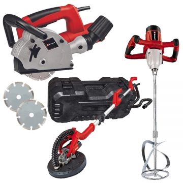 Einhell  TC-MA 1300 + TC-DW 225 + TC-MX 1400-2 E - Freza pentru caneluri beton 1320 W 125 mm accesorii + Slefuitor pentru pereti 600 W 225 mm valiza plastic + Masina de amestecat 1400 W 133 mm