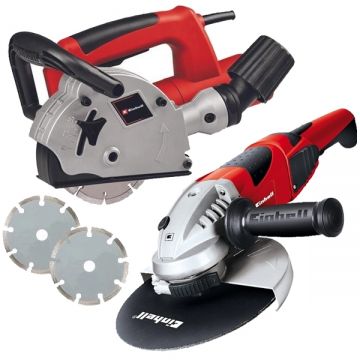 Einhell  TC-MA 1300 + TE-AG 230/2000 - Freza pentru caneluri beton 1320 W 125 mm accesorii + Polizor unghiular cu fir 2000 W 230 mm