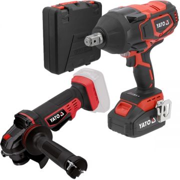 Yato  YT-828075 + YT-82827 - Masina de insurubat cu impact cu 1 acumulator Li-Ion 18 V 4 Ah patrat 3/4 inch 2000 Nm valiza plastic + Polizor unghiular 125 mm
