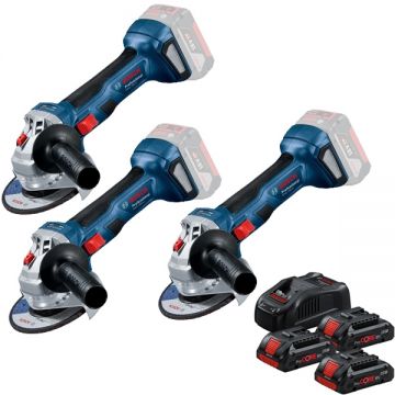 Bosch  3 x GWS 180-LI + 0615990N2G - 3 x Polizor unghiular 125 mm + Set 3 acumulatori si incarcator Li-Ion 18 V 4 Ah
