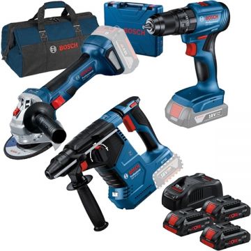 Bosch  GBH 18V-24 C + GSB 185-LI + GWS 180-LI + 1619BZ0100 - Rotopercutor SDS-Plus 2.4 J + Masina de gaurit si insurubat cu percutie 50 Nm valiza plastic + Polizor unghiular 125 mm + Set 3 acumulatori si incarcator Li-Ion 18 V 4 Ah + Geanta textila