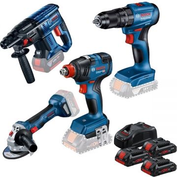 Bosch  GSB 185-LI + GWS 180-LI + GBH 180-LI + GDX 18V-200 - Masina de gaurit si insurubat cu percutie fara acumulatori si incarcator Li-Ion 18 V - Ah 50 Nm valiza plastic + Polizor unghiular 125 mm + Rotopercutor SDS-Plus 2 J + Masina de insurubat cu imp