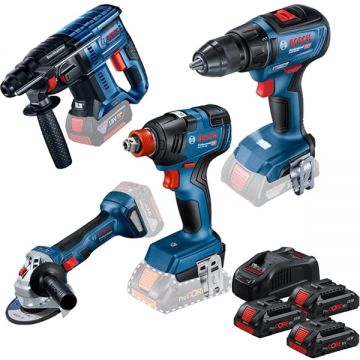 Bosch GSR 18V50 + GWS 180-LI + GBH 180-LI + GDX 18V-200 - Masina de gaurit si insurubat fara acumulatori si incarcator Li-Ion 18 V - Ah 50 Nm + Polizor unghiular 125 mm + Rotopercutor SDS-Plus 2 J + Masina de insurubat cu impact patrat 1/2 inch si hexago