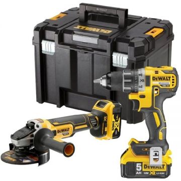 DeWalt  DCD791NTZ + DCG405NT - Masina de gaurit si insurubat 70 Nm + Polizor unghiular 125 mm + Set 2 acumulatori si incarcator Li-Ion 18 V 5 Ah + Valiza speciala