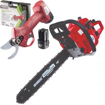 Raider  RD-GCS08 + RD-PSH02 - Drujba cu motor pe benzina 3 CP 45 cm 50.1 cm3 + Foarfeca de gradina cu 2 acumulatori Li-Ion 16 V 2 Ah 25 mm