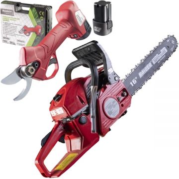 Raider  RD-GCS13 + RD-PSH02 - Drujba cu motor pe benzina 2.4 CP 40 cm 45 cm3 + Foarfeca de gradina cu 2 acumulatori Li-Ion 16 V 2 Ah 25 mm