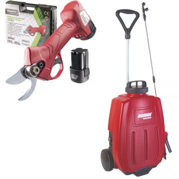 Raider  RD-PSH02 + RD-BKMD04 - Foarfeca de gradina cu 2 acumulatori Li-Ion 16 V 2 Ah 25 mm + Pulverizator cu 1 acumulator 12 V 8 Ah 6.2 bar 16 l