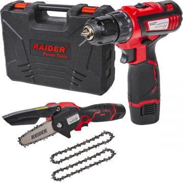 Raider  RDP-CDLGP02 - Masina de gaurit si insurubat 28 Nm + Mini fierastrau 10 cm + 2 acumulatori Li-Ion 12 V 4 Ah valiza plastic