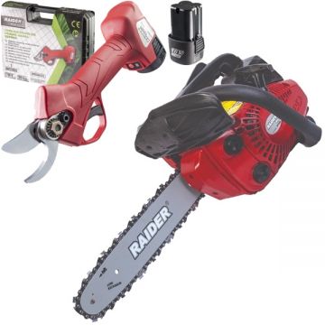 Raider  RDP-GCS18 + RD-PSH02 - Drujba cu motor pe benzina 1.2 CP 30.5 cm 25.4 cm3 + Foarfeca de gradina cu 2 acumulatori Li-Ion 16 V 2 Ah 25 mm