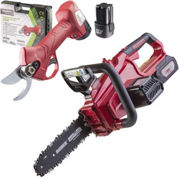Raider  RDP-SCS20 Set + RD-PSH02 - Drujba cu 1 acumulator Li-Ion 20 V 3 Ah 25 cm 5.6 m/s + Foarfeca de gradina cu 2 acumulatori Li-Ion 16 V 2 Ah 25 mm