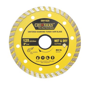 Disc diamantat turbo sinterizat 125x22.23mm, viteza max. 12200rpm, taiere umeda/uscata pentru piatra, gresie, ceramica, marmura , Cod: DISPT19, Marca: CROWNMAN