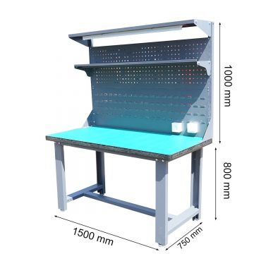 Masa, banc de lucru atelier cu priza 220V, panou perforat si iluminat LED 1500x750x800+1000mm, Cod: DISSY63,