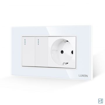 Intrerupator Dublu Cap Scara + Priza cu Rama din Sticla LUXION, Standard Italian, 4M