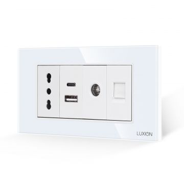 Priza Ingusta + Dubla USB + TV + Internet cu Rama Din Sticla LUXION, Standard Italian, 4M