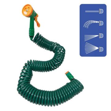 Furtun spiralat pentru udare si pistol, Verde,15 m