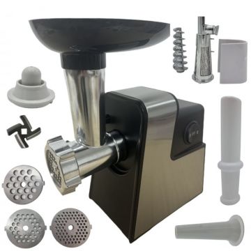 Masina de tocat carne 4 in 1 Ural Campion 3500W, 3 site incluse, accesoriu rosii, carnati, chitele kebe, Argintie Neagra