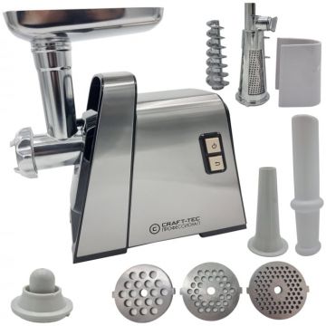 Masina de tocat carne Craft-Tec  3800W, Accesorii rosii, carnati, chiftele, 3 site, functia revers, motor cupru